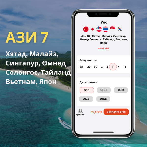 Ази 7 Дата еСИМ (Asia 7 Data eSIM) - China, Singapore, Malaysia, Vietnam, Thailand, South Korea, Japan