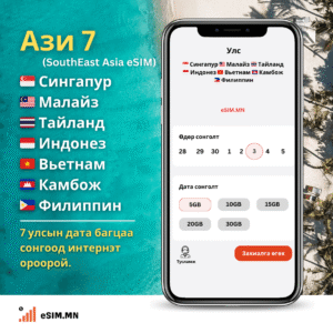 Зүүн Ѳмнөд Ази 7 Дата еСИМ (Southeast Asia 7 Data eSIM) - Singapore, Malaysia, Thailand, Indonesia, Vietnam, Cambodia, Philippines