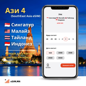 Зүүн Ѳмнөд Ази 4 Дата еСИМ (Southeast Asia 4 Data eSIM) - Singapore, Malaysia, Thailand, Indonesia
