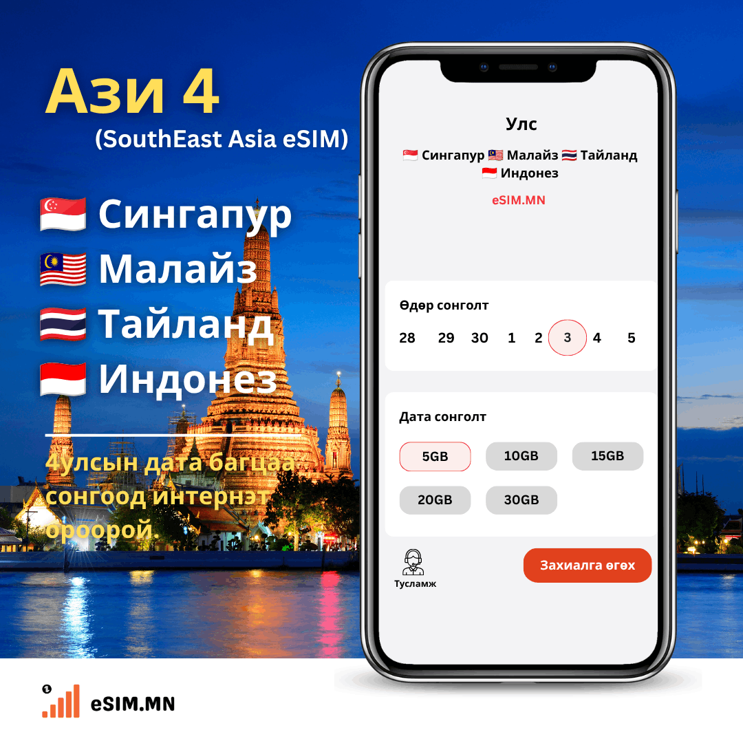 Зүүн Ѳмнөд Ази 4 Дата еСИМ (Southeast Asia 4 Data eSIM) - Singapore, Malaysia, Thailand, Indonesia